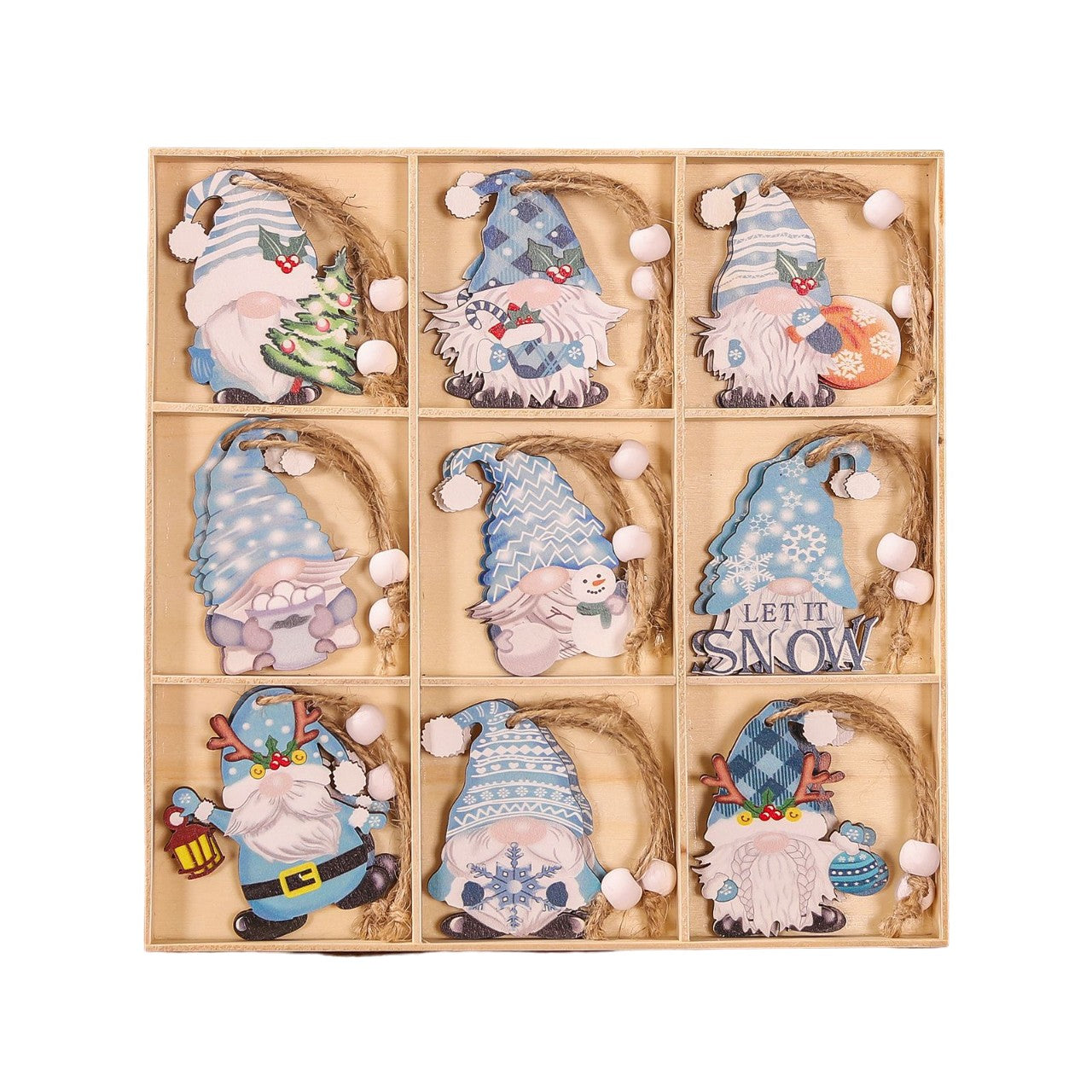 Set 18 Decoratiuni de Craciun din Lemn, Flippy, cu Snur pentru Agatare in Brad, Model Gnomi, Diferite Dimensiuni,