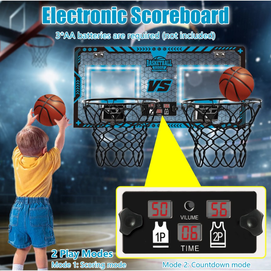 Set 2 Cosuri de Baschet pentru Copii, Flippy, cu Tablou de Bord Electronic, Pentru 2 Jucatori, Minge, Pompa, 2 Moduri,