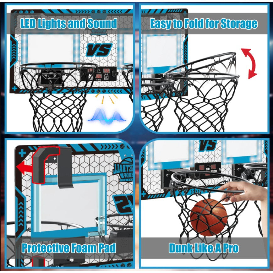 Set 2 Cosuri de Baschet pentru Copii, Flippy, cu Tablou de Bord Electronic, Pentru 2 Jucatori, Minge, Pompa, 2 Moduri,