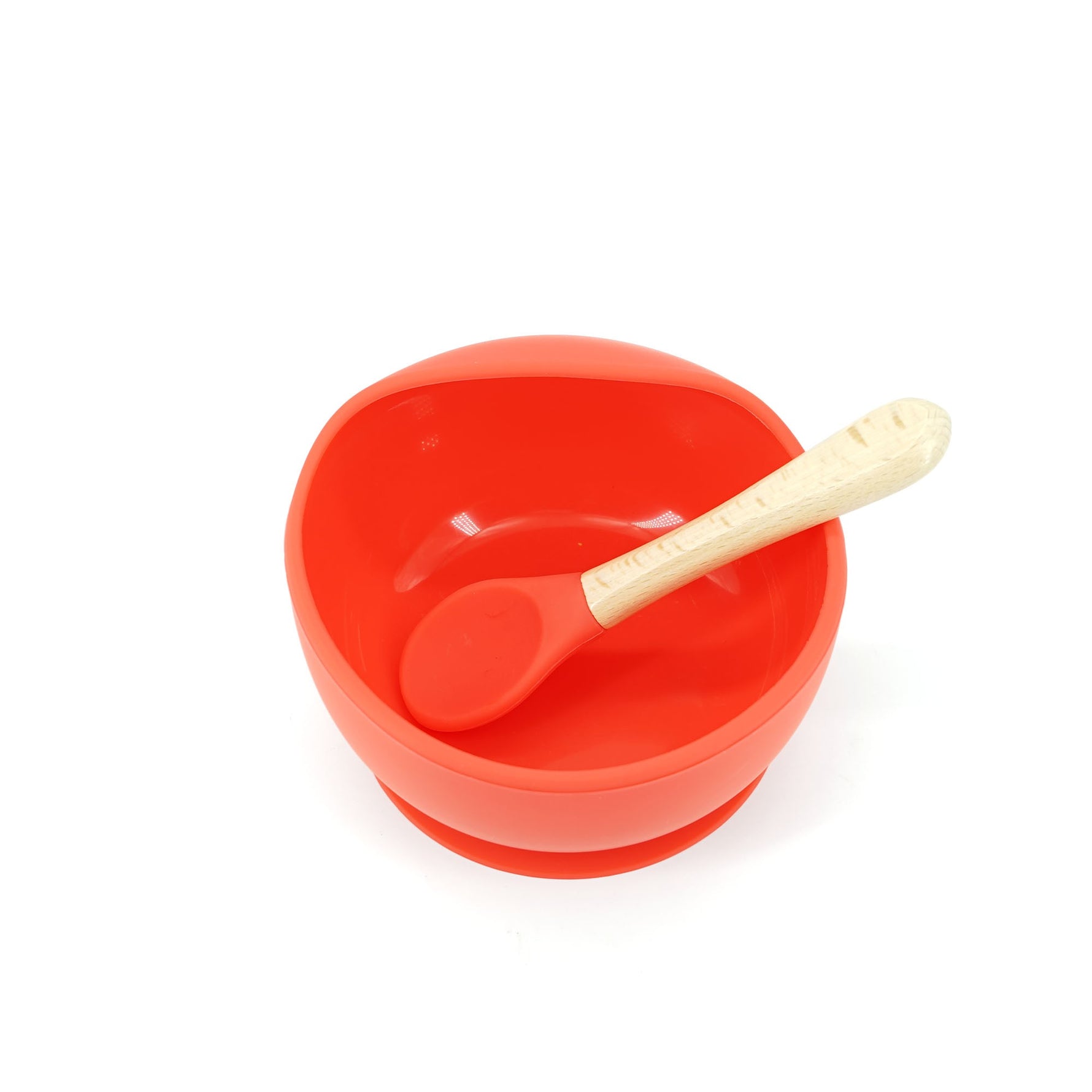 Set 2 piese diversificare bebelusi si copii din silicon Flippy, bol cu ventuza, lingurita din lemn si silicon, pentru