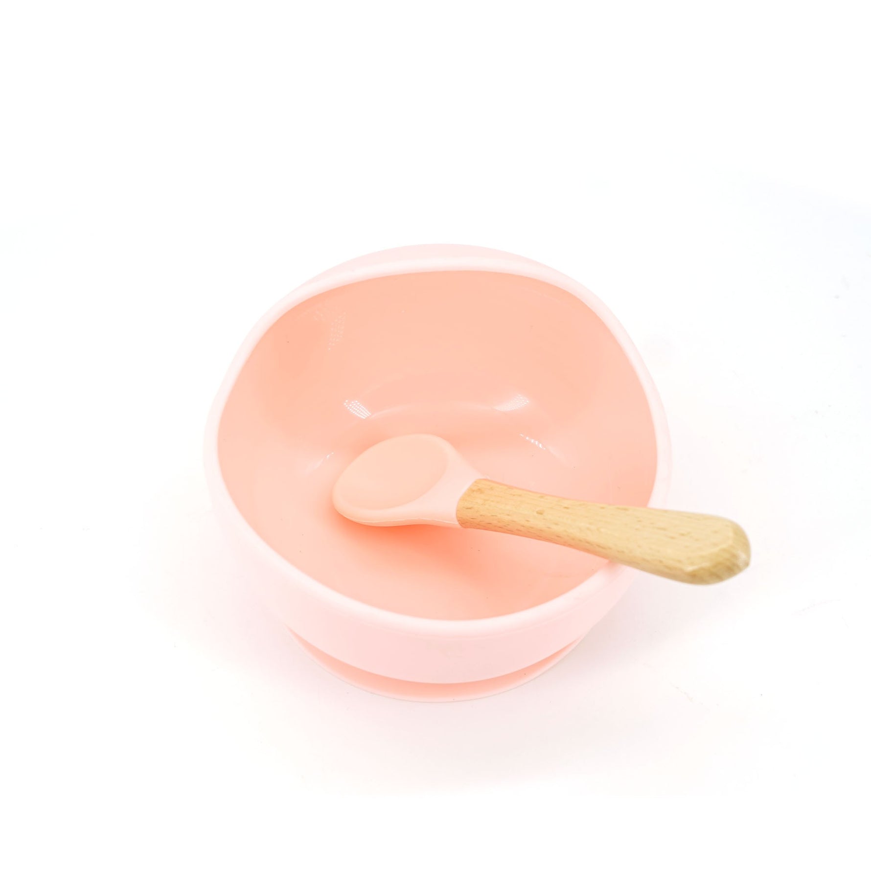 Set 2 piese diversificare bebelusi si copii din silicon Flippy, bol cu ventuza, lingurita din lemn si silicon, pentru