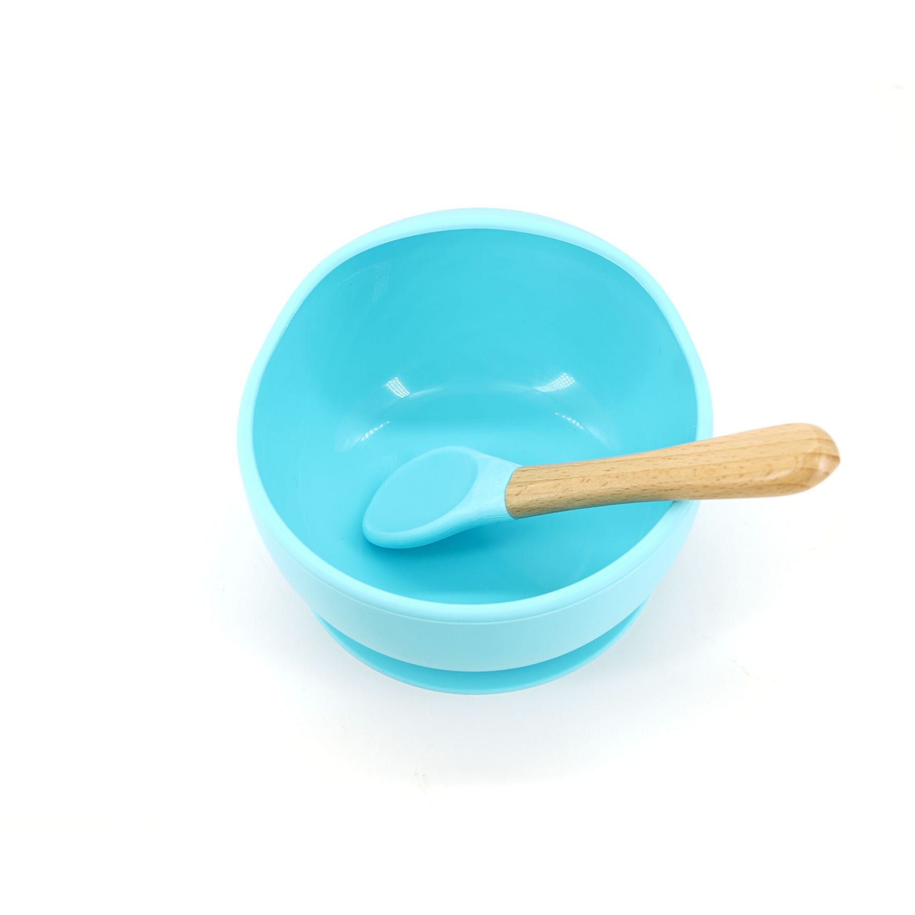 Set 2 piese diversificare bebelusi si copii din silicon Flippy, bol cu ventuza, lingurita din lemn si silicon, pentru