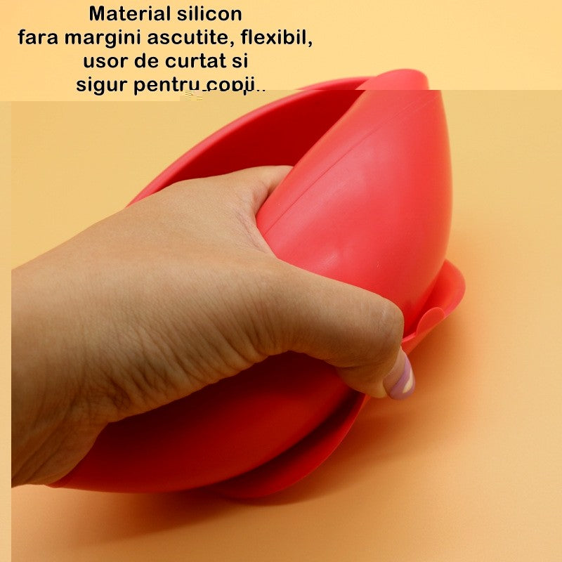 Set 2 piese diversificare bebelusi si copii din silicon Flippy, bol cu ventuza, lingurita din lemn si silicon, pentru