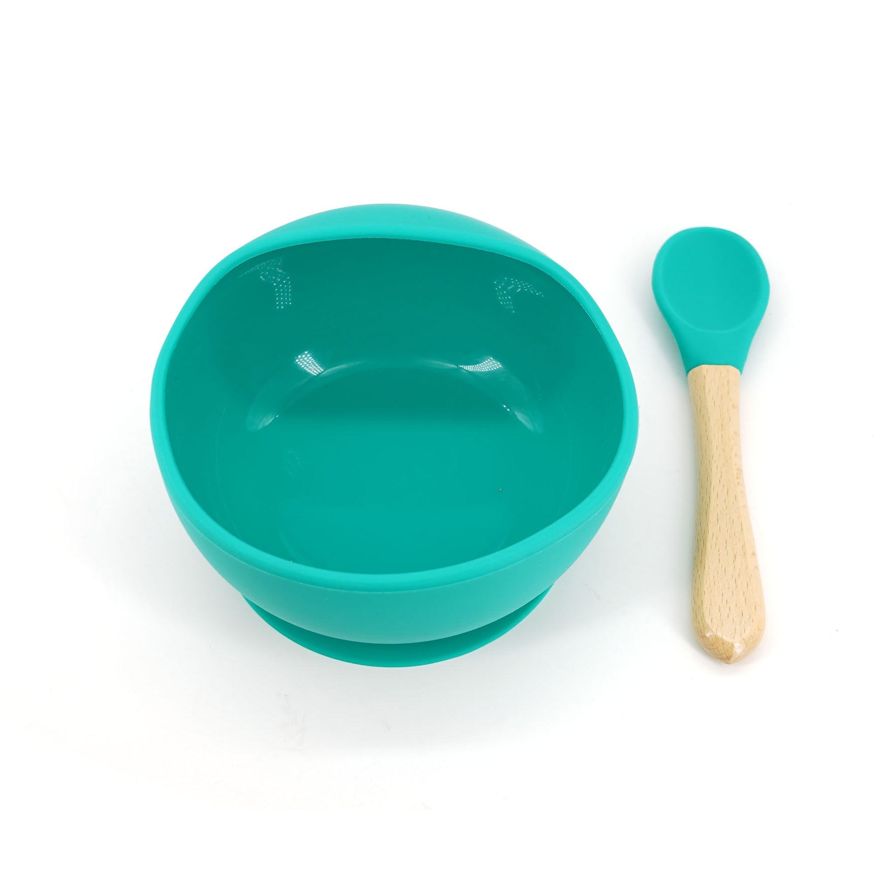 Set 2 piese diversificare bebelusi si copii din silicon Flippy, bol cu ventuza, lingurita din lemn si silicon, pentru