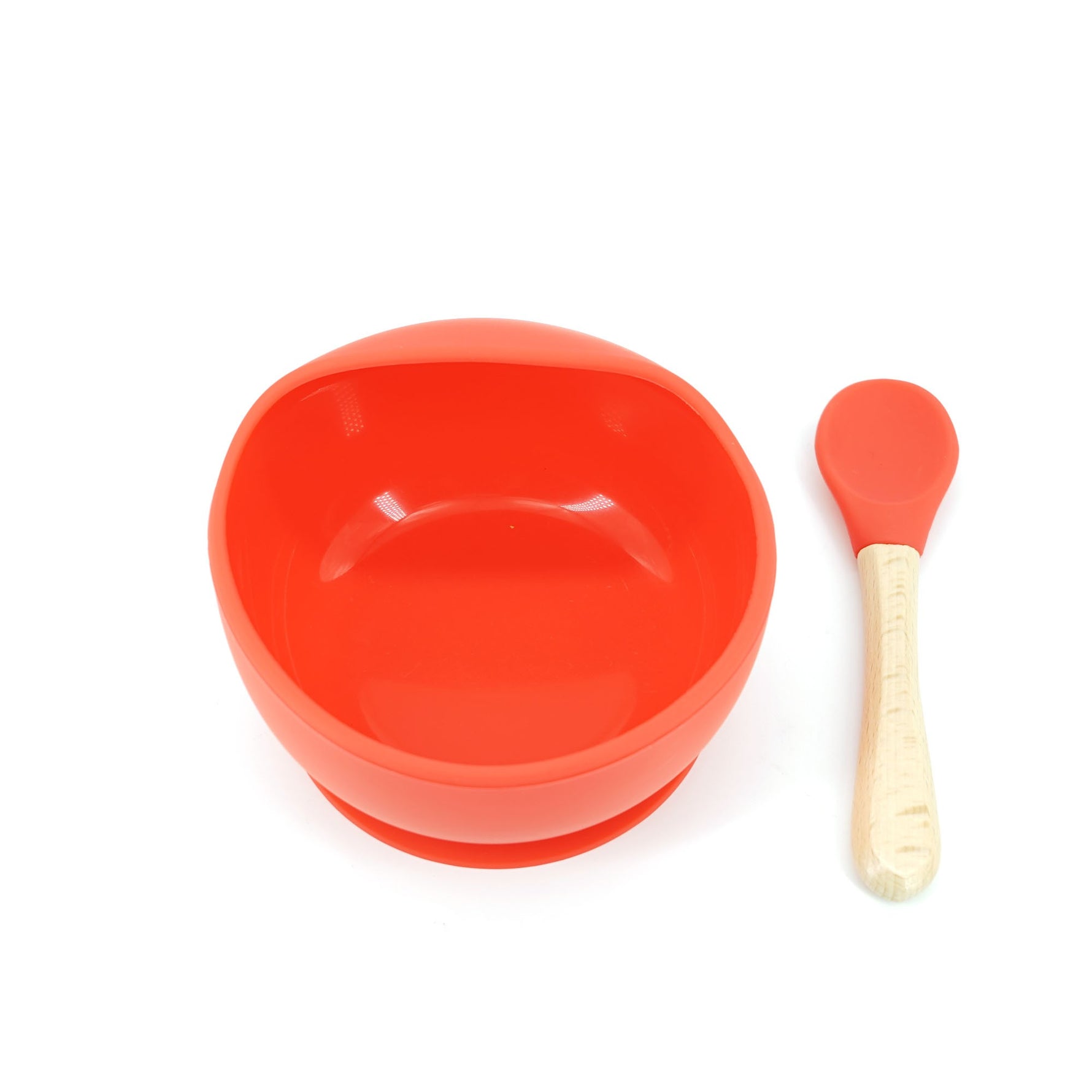 Set 2 piese diversificare bebelusi si copii din silicon Flippy, bol cu ventuza, lingurita din lemn si silicon, pentru