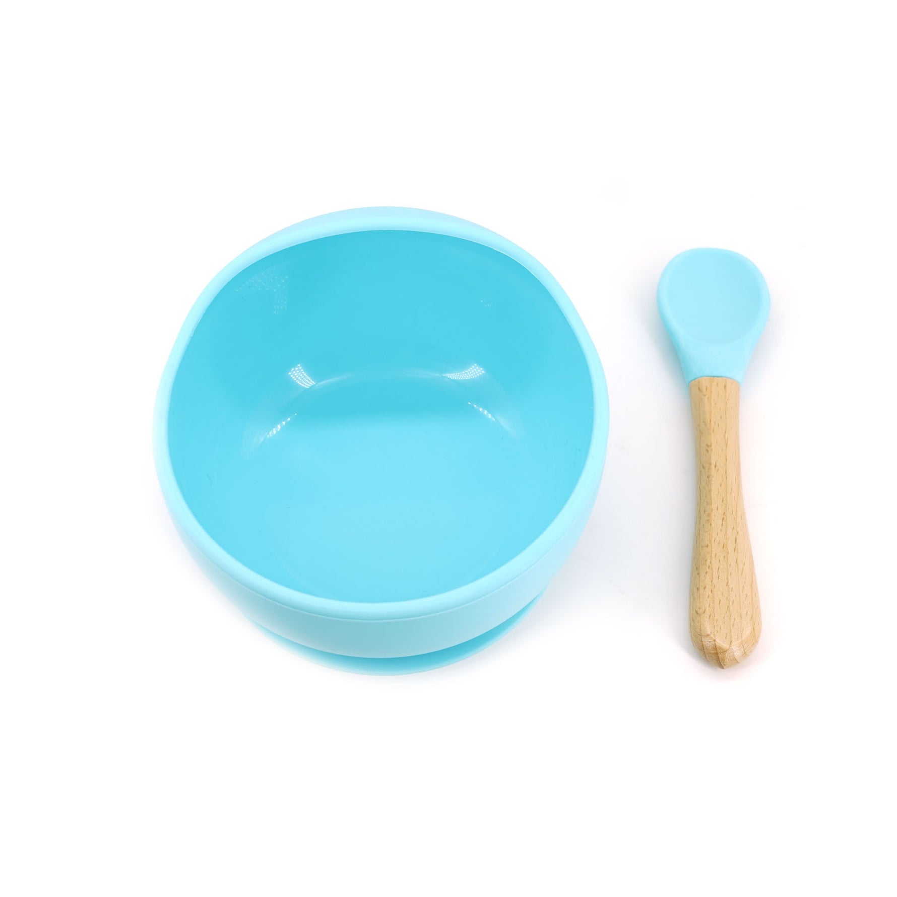 Set 2 piese diversificare bebelusi si copii din silicon Flippy, bol cu ventuza, lingurita din lemn si silicon, pentru
