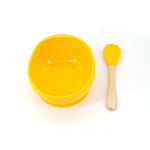 Set 2 piese diversificare bebelusi si copii din silicon Flippy, bol cu ventuza, lingurita din lemn si silicon, pentru