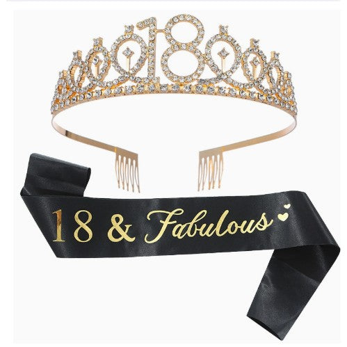 Set 2 Piese pentru Majorat, Flippy, 15 x 13 x 5 cm, Coronita Printesa Gold si Panglica 18&amp;Fabulous, Negru