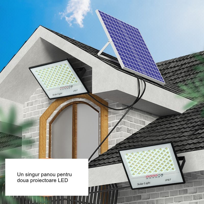 Set 2 proiectoare LED cu Panou Solar Flippy, Senzor de miscare, Telecomanda, Waterproof, 322*2 LED-uri incorporate,