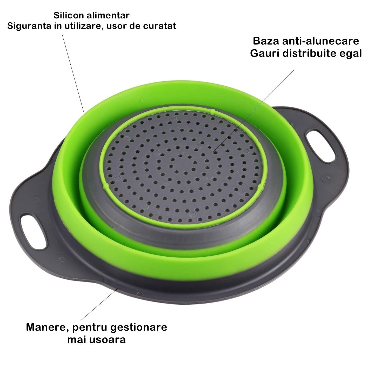 Set 2 strecuratori pliabile din silicon alimentar Flippy, cu manere, fund antiaderent si antialunecare, rotunda, doua