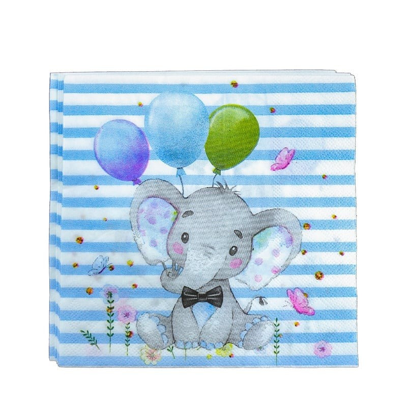Set 20 de Servetele de Masa, Flippy, Imprimeu Elefant, din Hartie, 16.5 x 16.5 cm, Albastru