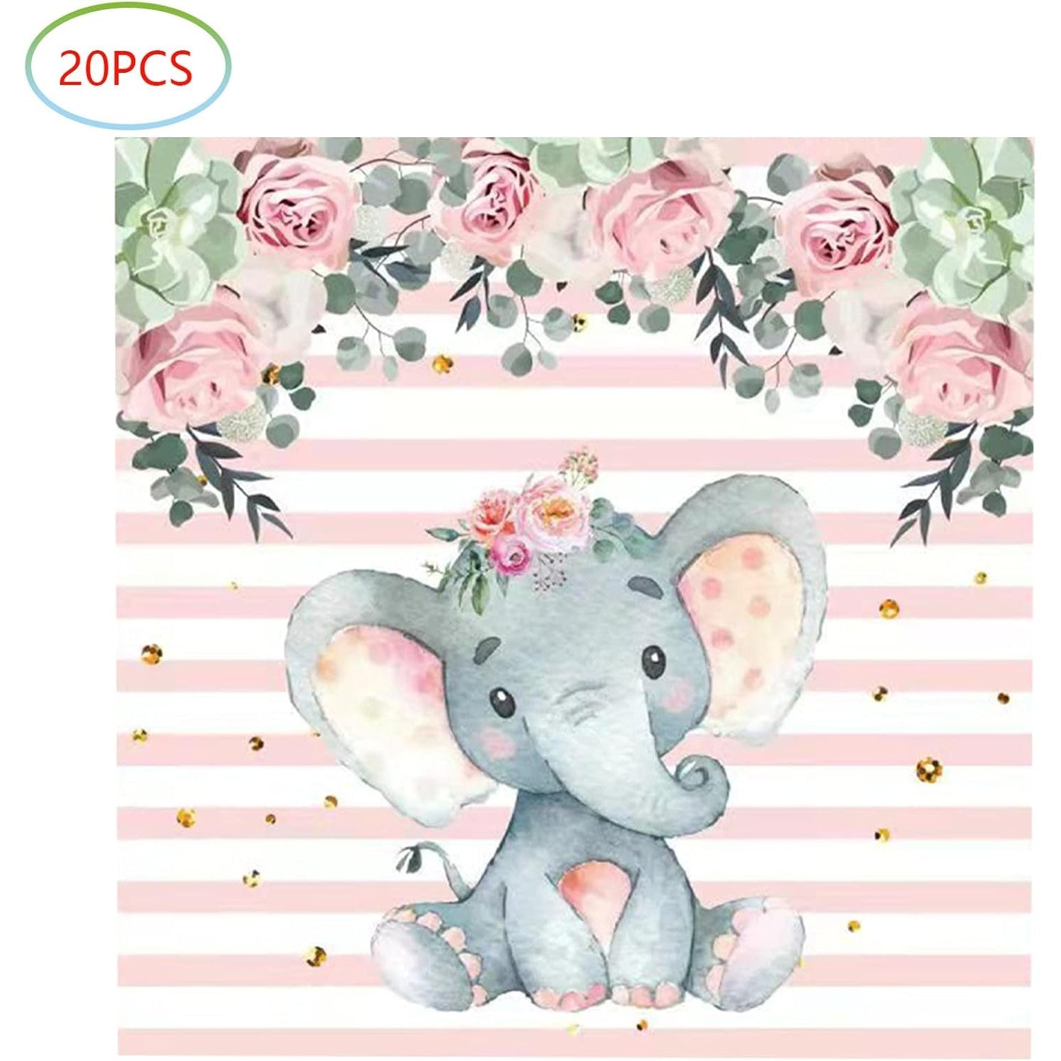 Set 20 de Servetele de Masa, Flippy, Imprimeu Elefant, din Hartie, 16.5 x 16.5 cm, Roz