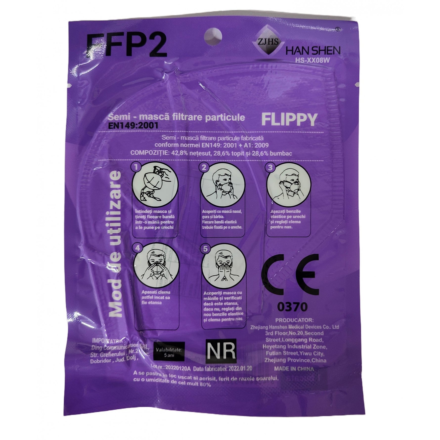 Set 2000 bucati Masca de protectie faciala, Flippy, de unica folosinta pentru adulti, FFP2, KN95 CE 0370, 5 straturi,