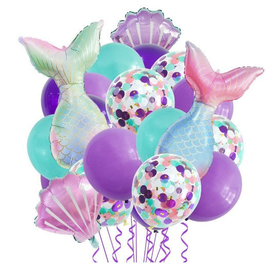 Baloane decorative Aqua Sirene, Flippy, Set MIX 22 baloane, din folie de alumiu, 2 Sirene, 2 Scoici, 18 baloane din