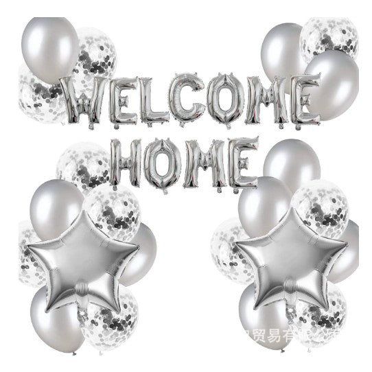 Set baloane folie si latex, Flippy, WELCOME HOME, 22 de piese, 20 baloane latex, 2 baloane stea Folie, 1 set Welcome