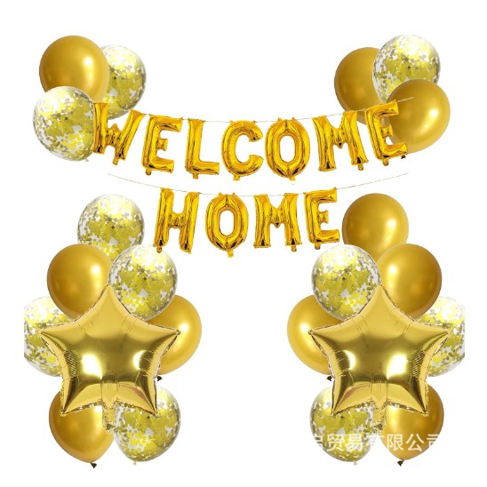 Set baloane folie si latex, Flippy, WELCOME HOME, 22 de piese, 20 baloane latex, 2 baloane stea Folie, 1 set Welcome