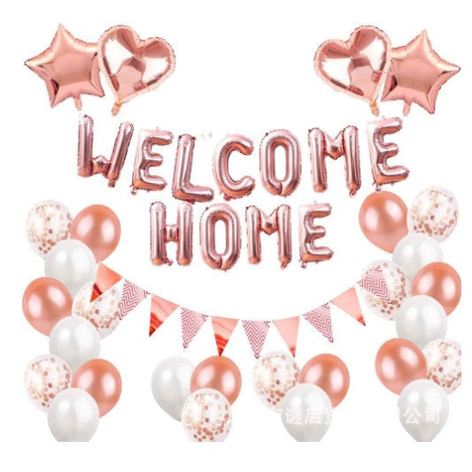 Set baloane folie si latex, Flippy, WELCOME HOME, 24 de piese, 20 baloane latex, 4 baloane stea Folie, 1 set Welcome