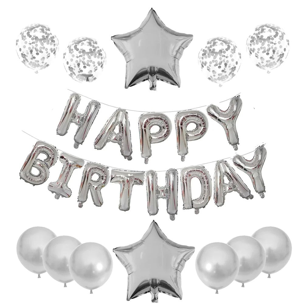 Set 25 de Baloane din Folie Metalizata si Latex, Flippy, Figurine 2 Stele, 4 Baloane Confetti, 13 Litere, 6 Latex,