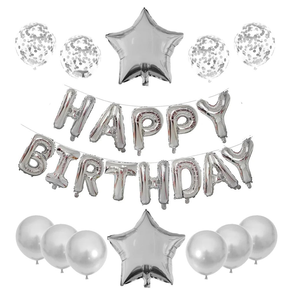 Set 25 de Baloane din Folie Metalizata si Latex, Flippy, Figurine 2 Stele, 4 Baloane Confetti, 13 Litere, 6 Latex,