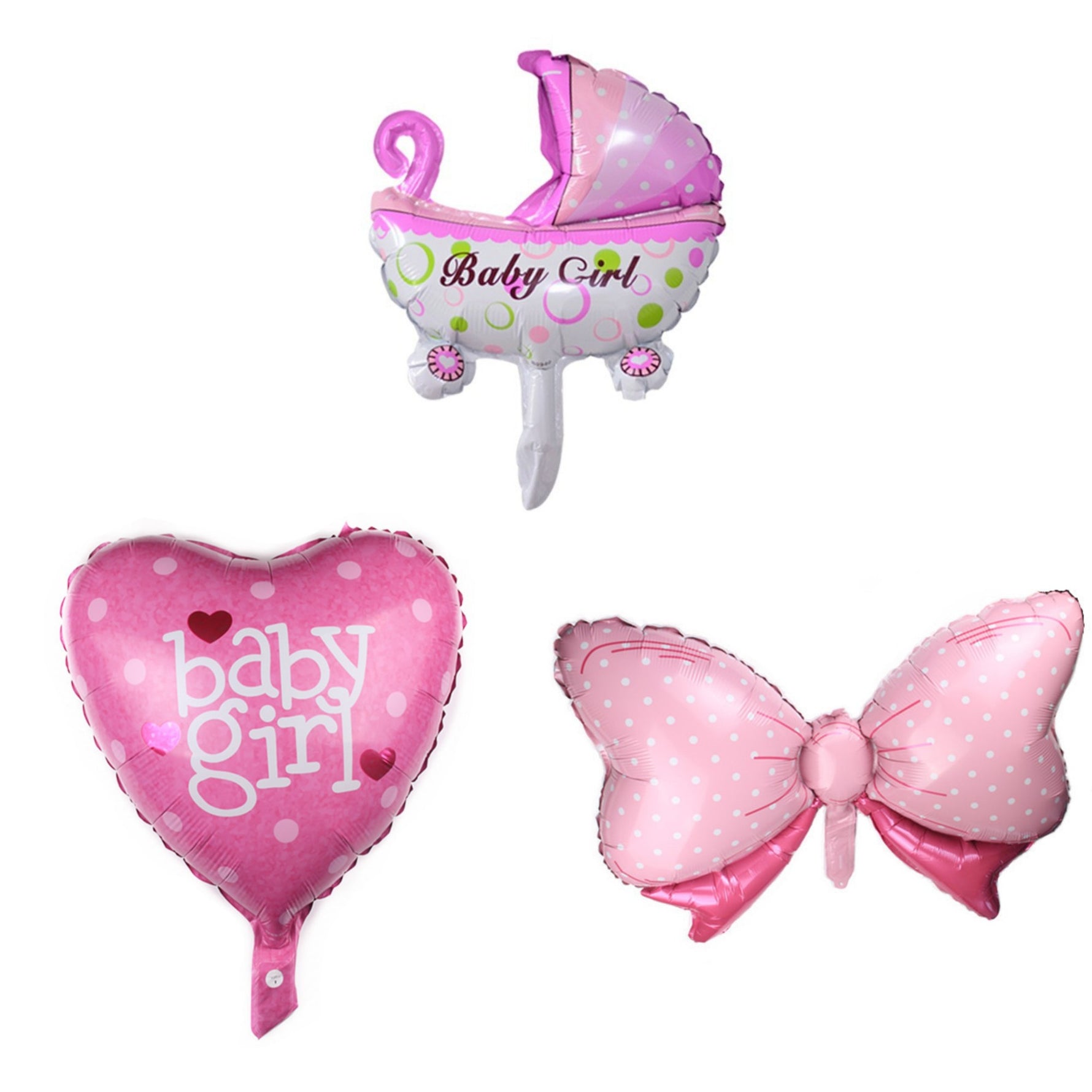 Set 3 Baloane din Folie Metalizata, Flippy, Figurine Carucior, Inima, Fundita, Tema Botez, 45 cm, Ambalaj Individual,