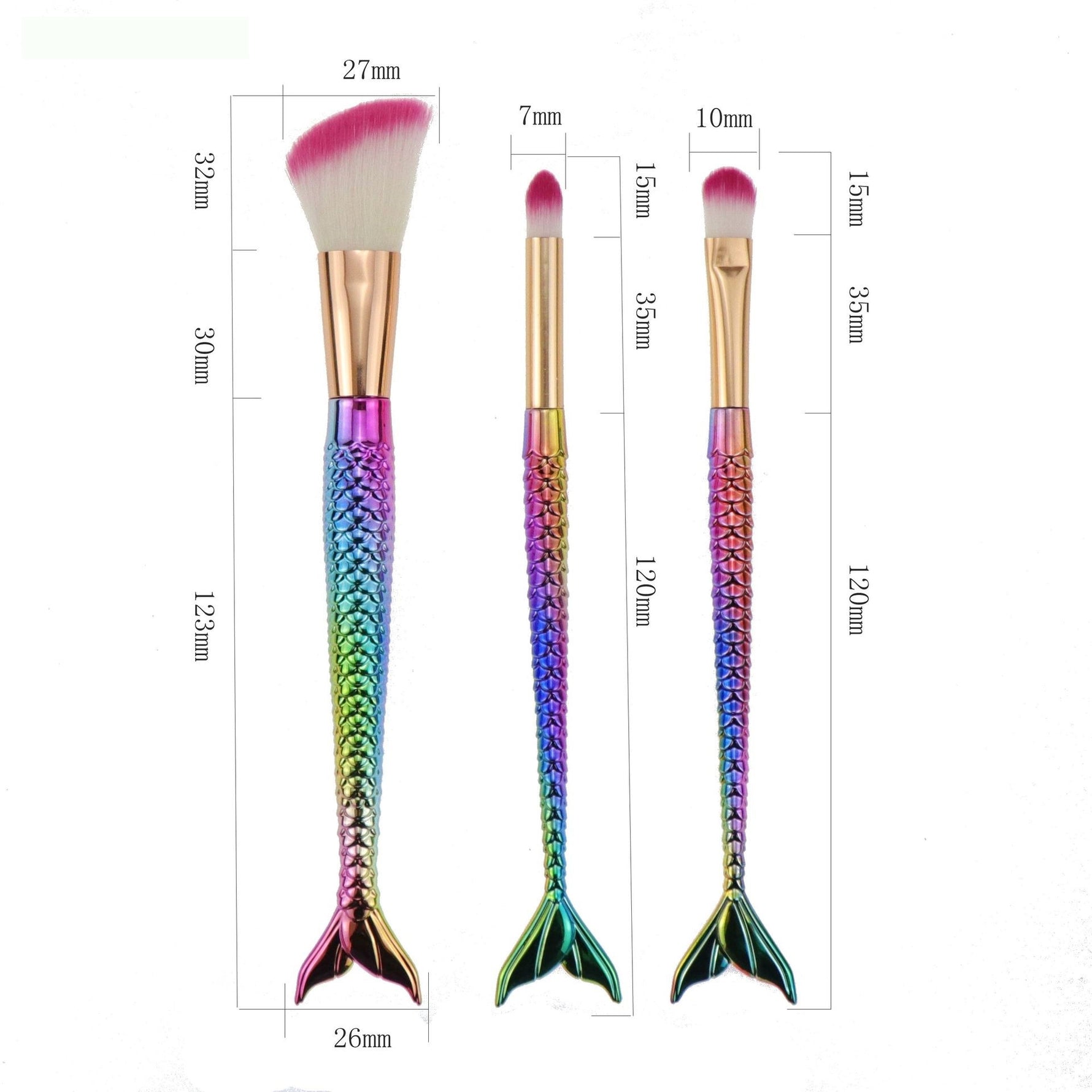 Set 3 Pensule pentru Machiaj Flippy, in Forma de Sirena, Electroplacate, Detalii Fine, Maner Ergonomic, Peri din Fibra