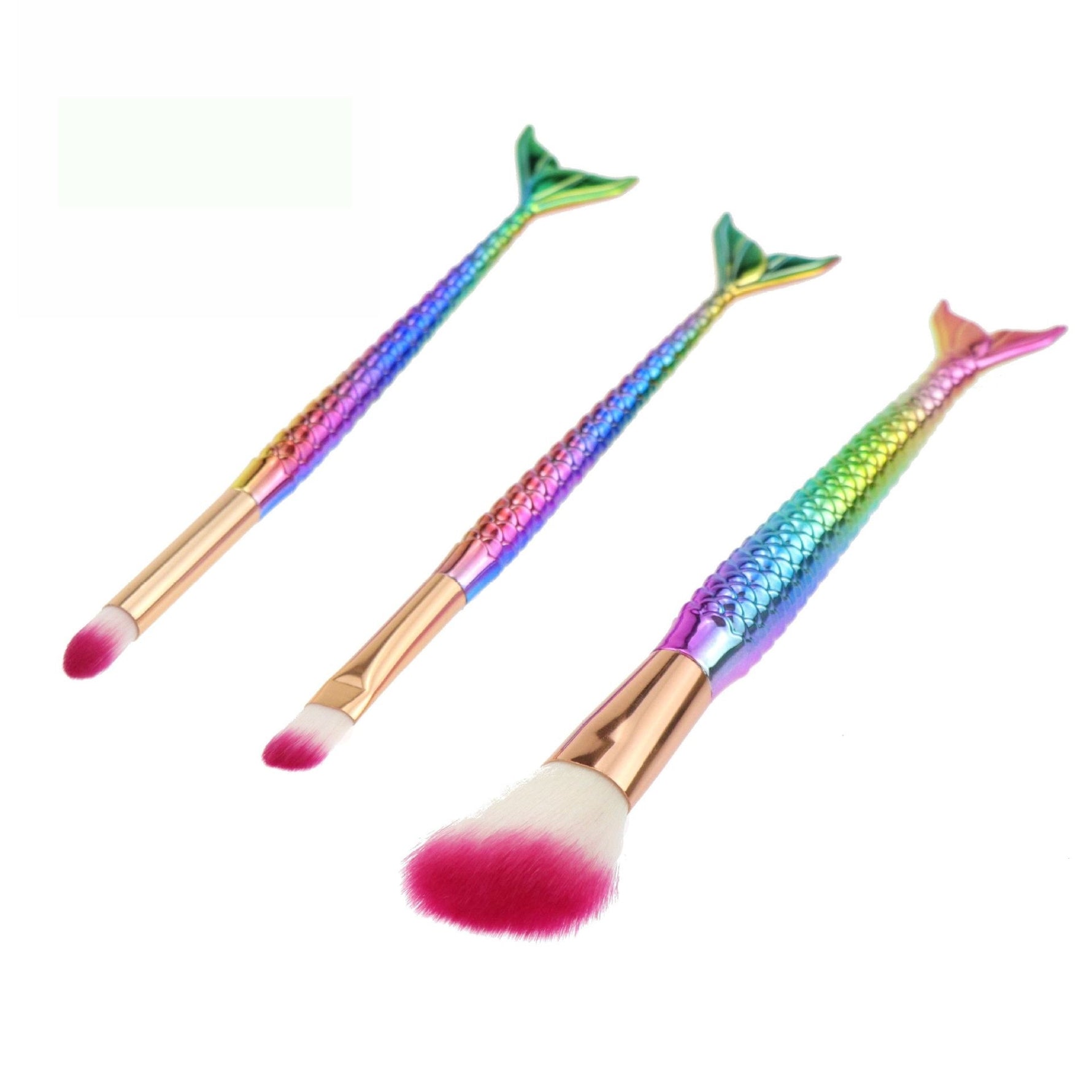 Set 3 Pensule pentru Machiaj Flippy, in Forma de Sirena, Electroplacate, Detalii Fine, Maner Ergonomic, Peri din Fibra