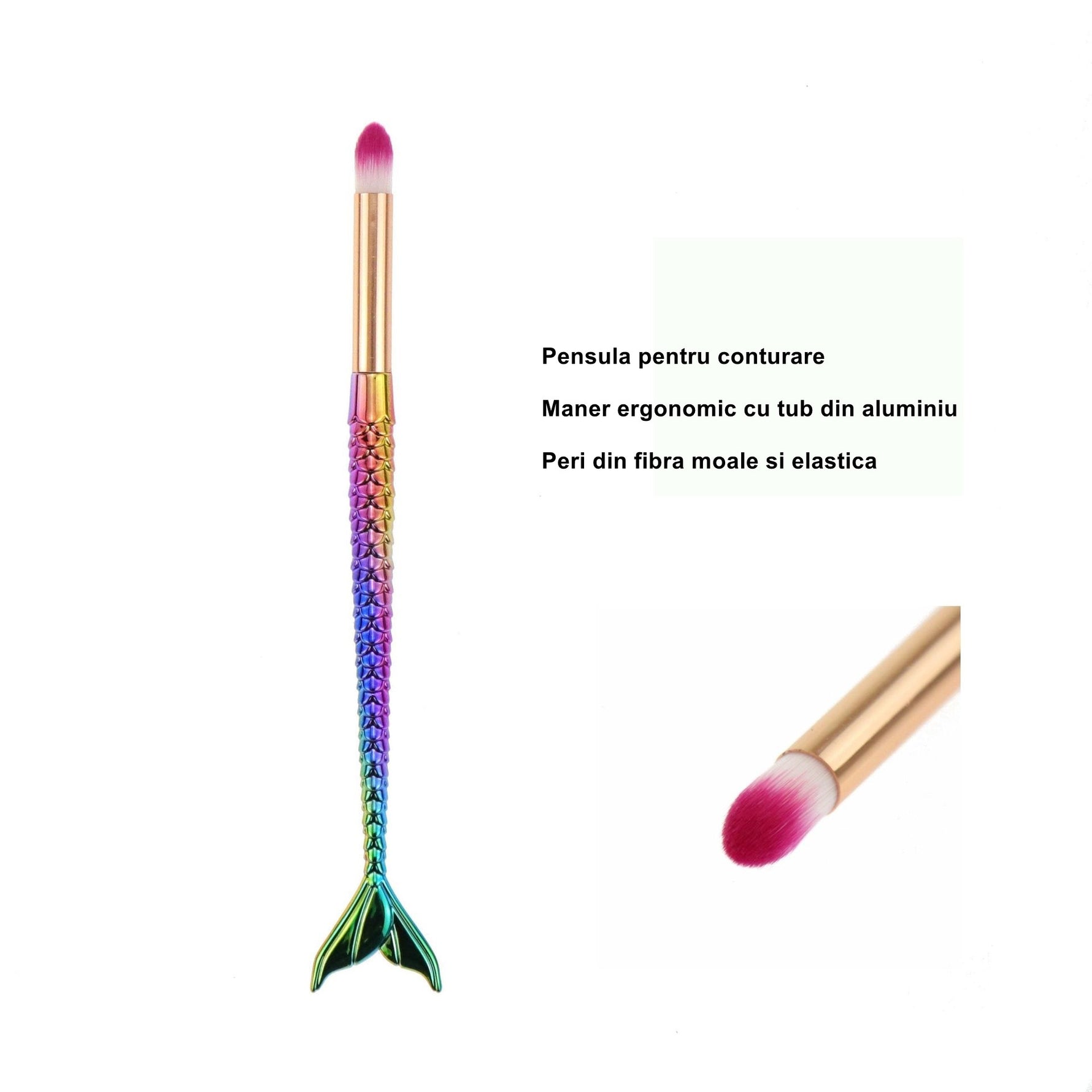 Set 3 Pensule pentru Machiaj Flippy, in Forma de Sirena, Electroplacate, Detalii Fine, Maner Ergonomic, Peri din Fibra
