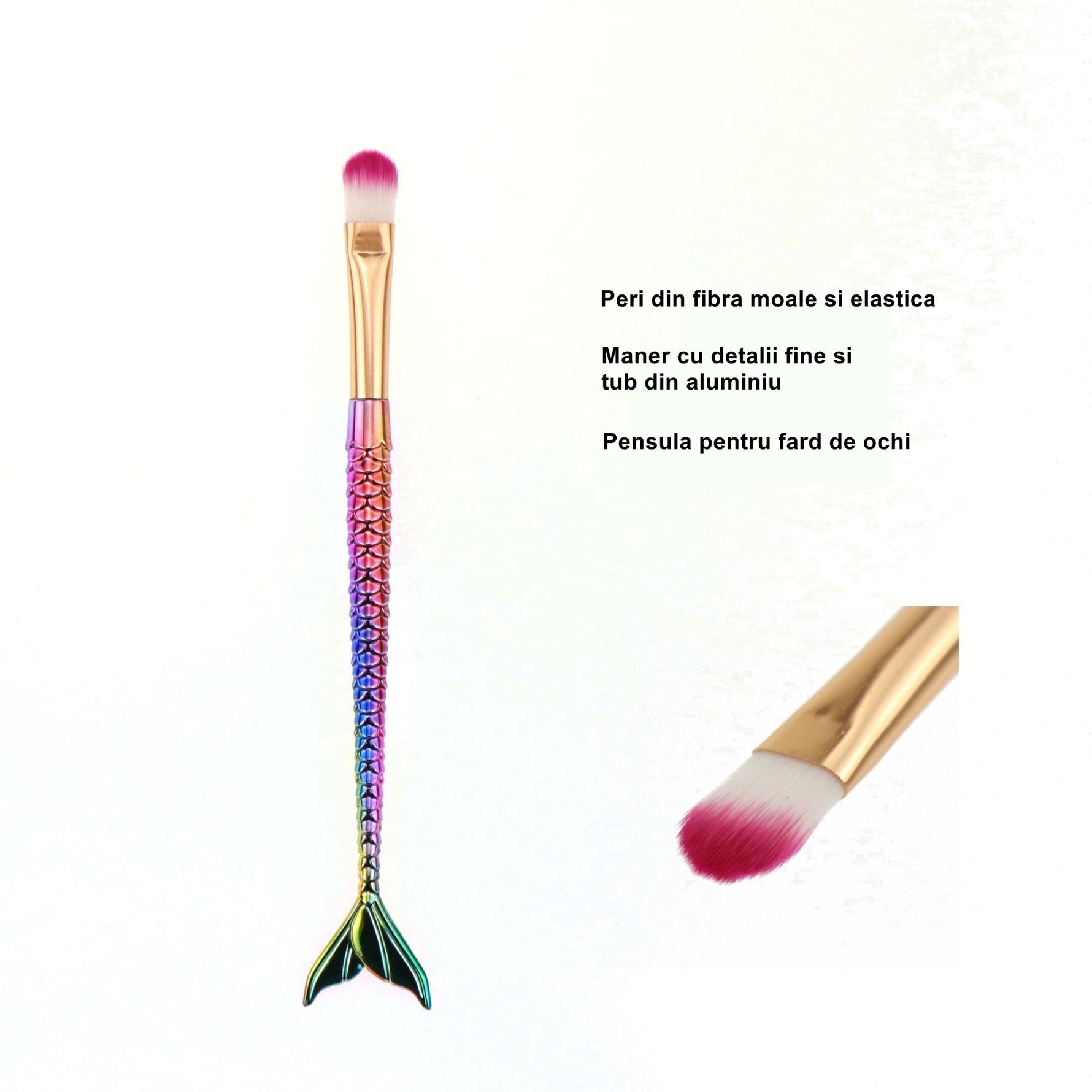 Set 3 Pensule pentru Machiaj Flippy, in Forma de Sirena, Electroplacate, Detalii Fine, Maner Ergonomic, Peri din Fibra
