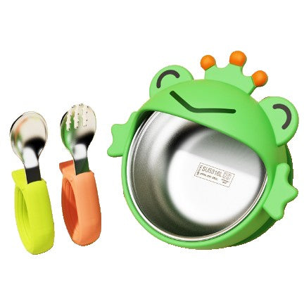 Set 3 Piese Diversificare Bebelusi si Copii, Flippy, Bol, Lingura si Furculita, Model Broscuta, din Silicon si Otel
