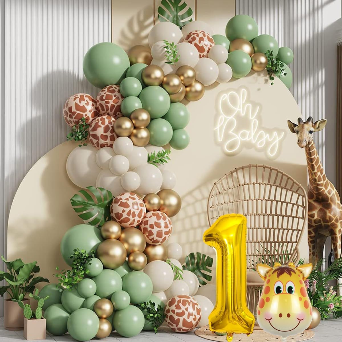 Set 30 Baloane Folie si Latex, Flippy, Tematica Prima Aniversare, Baloane Latex 30cm, 25cm, Figurina Girafa 32x34 cm,