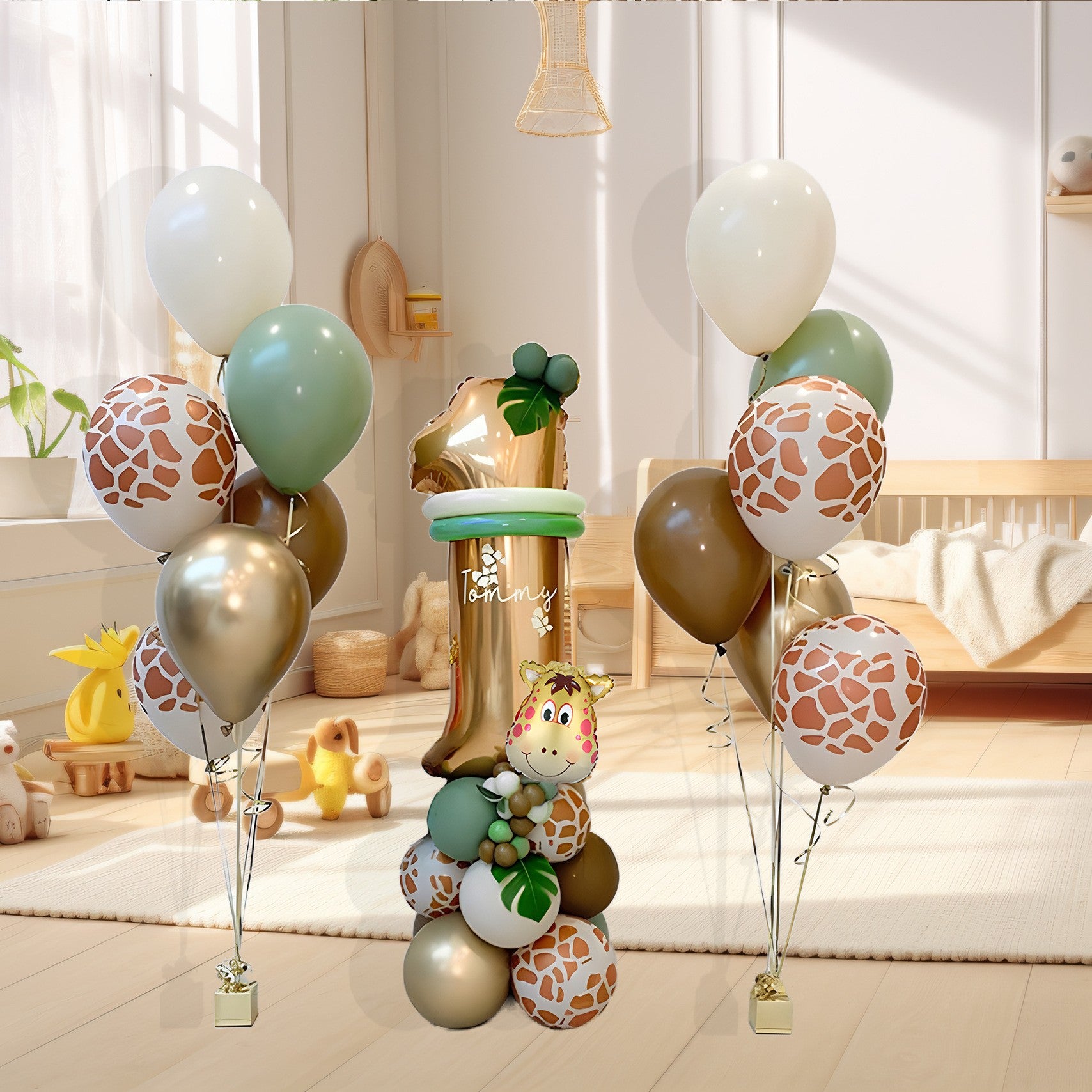 Set 30 Baloane Folie si Latex, Flippy, Tematica Prima Aniversare, Baloane Latex 30cm, 25cm, Figurina Girafa 32x34 cm,