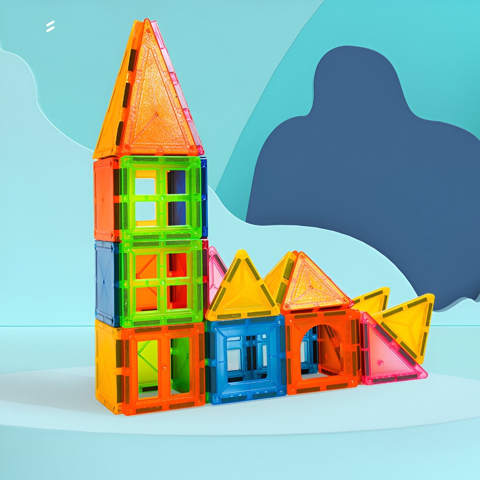 Set 32 Piese Magnetice de Constructie, Flippy, Piese 5.5 cm, Magnetic Tiles, Forme Geometrice, 3 Ani, ABS, Magnet, 20.5