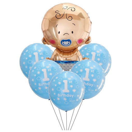 Set baloane pentru fetite, Flippy, FIRST ANIVERSARY, 5 latex 1 Birthday, 1 balon folie din aluminu baby boy, 71 cm,