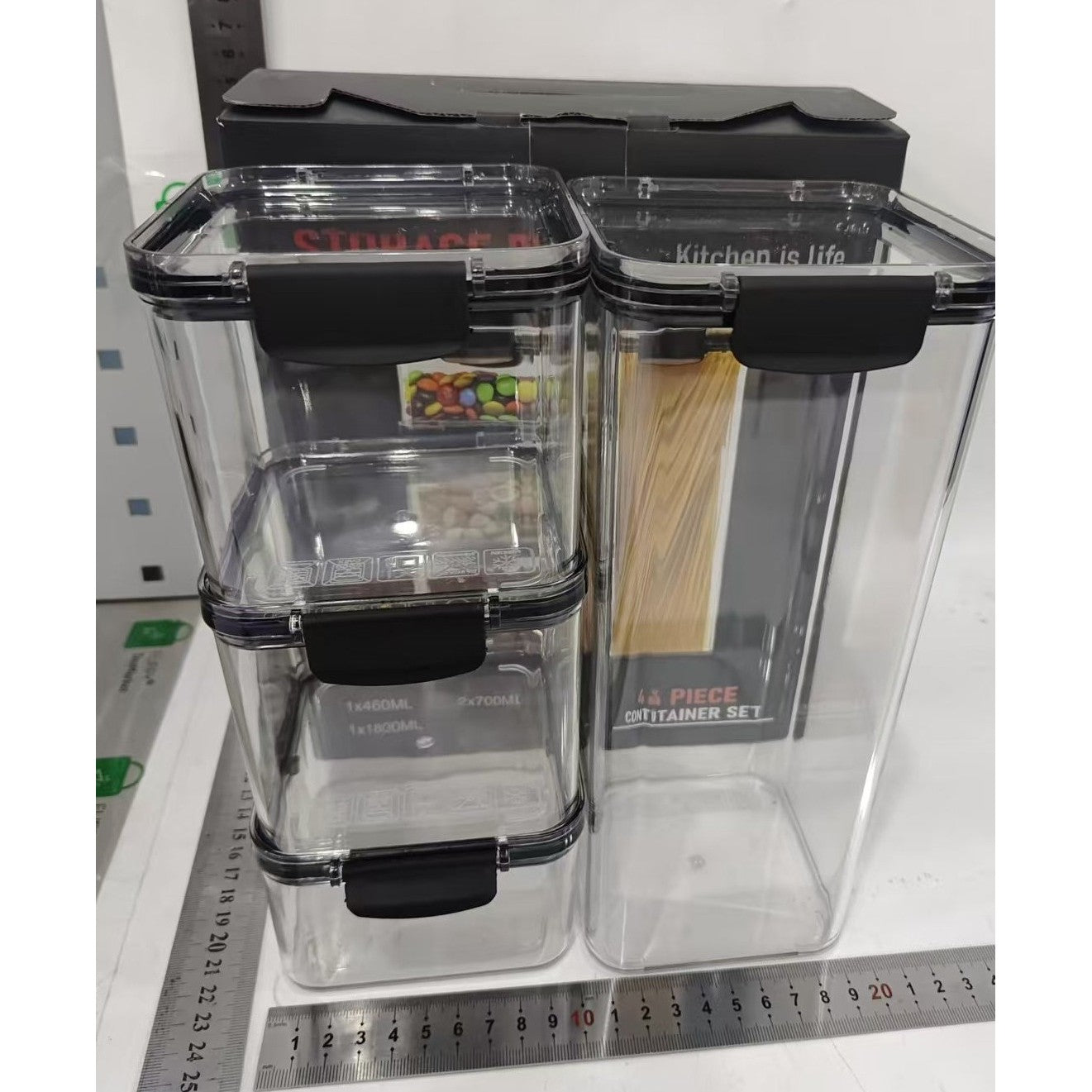 Set 4 Recipiente din Plastic, Flippy, pentru Alimente/Obiecte, Inchidere Ermetica, 1 x 460 ml, 2 x 700 ml, 1 x 1300 ml,