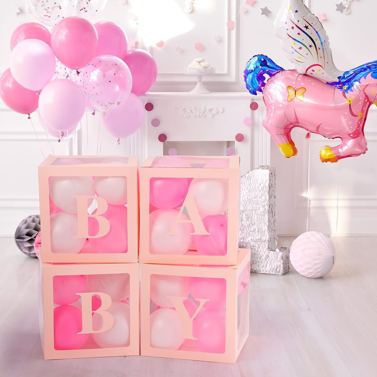 Set 4 Cutii pentru Baloane, Flippy, Model Scris Baby, Tematica Iubire, Cuburi Decorative din Plastic, Accesorii pentru