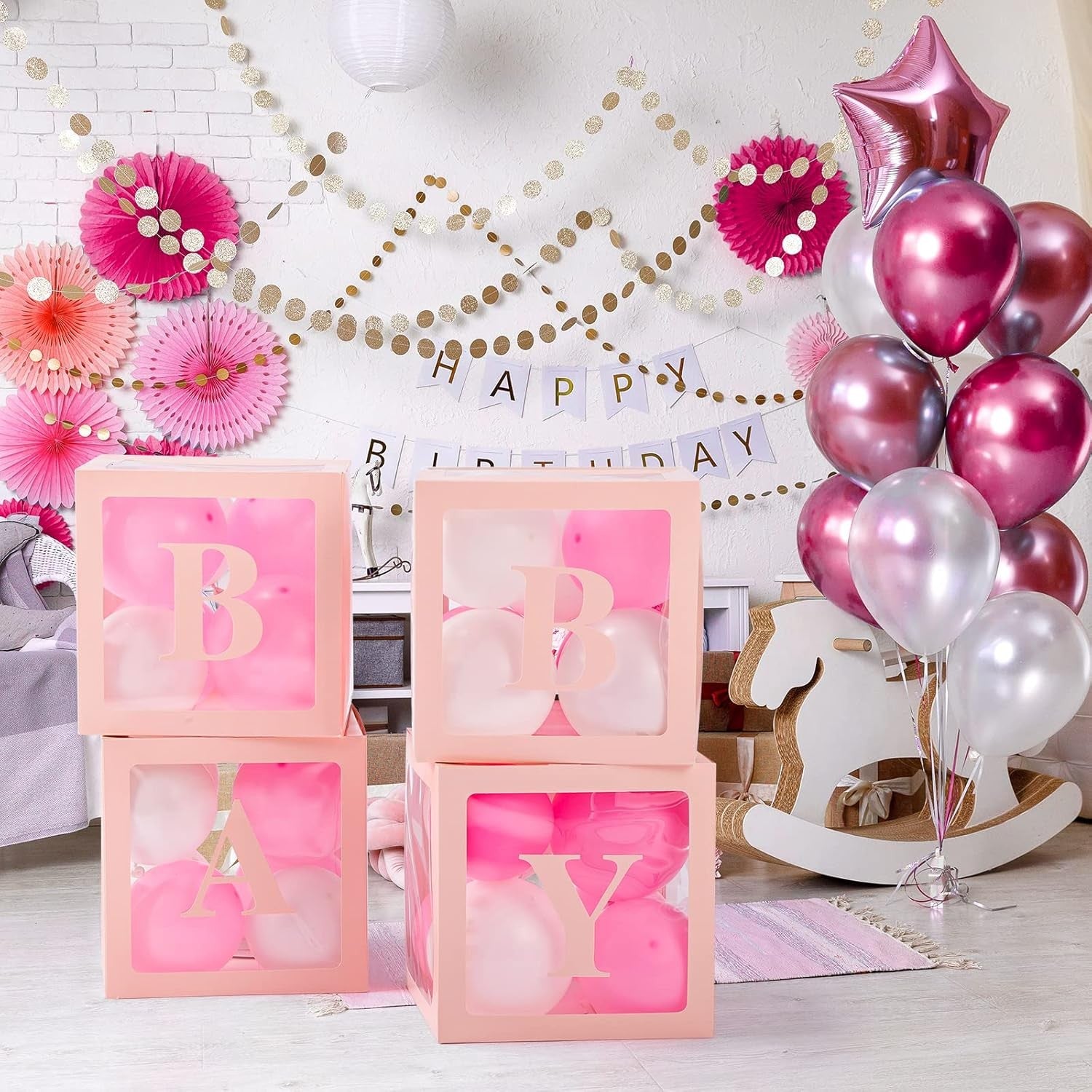 Set 4 Cutii pentru Baloane, Flippy, Model Scris Baby, Tematica Iubire, Cuburi Decorative din Plastic, Accesorii pentru