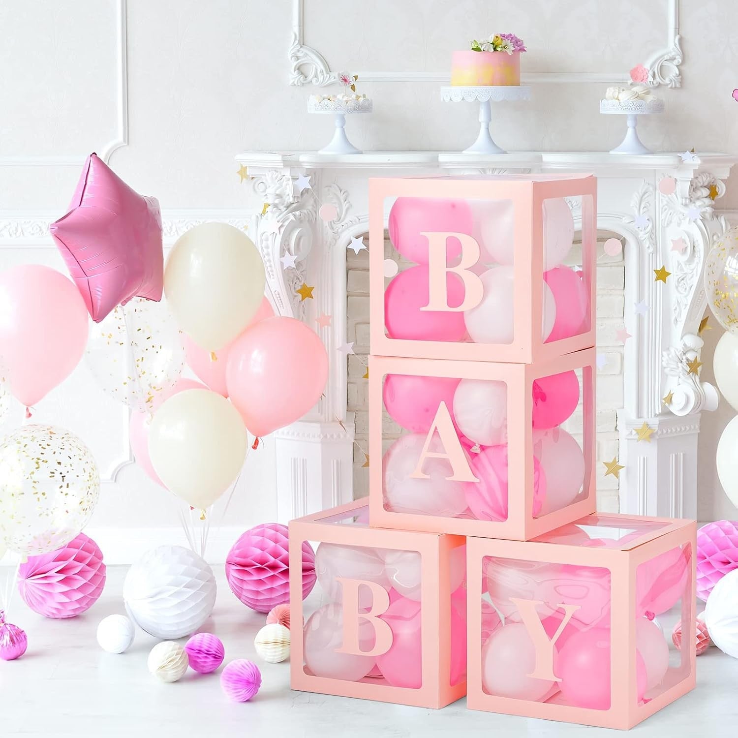 Set 4 Cutii pentru Baloane, Flippy, Model Scris Baby, Tematica Iubire, Cuburi Decorative din Plastic, Accesorii pentru