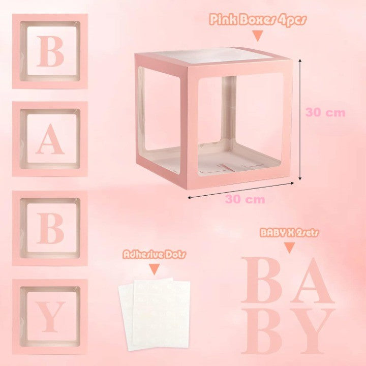 Set 4 Cutii pentru Baloane, Flippy, Model Scris Baby, Tematica Iubire, Cuburi Decorative din Plastic, Accesorii pentru
