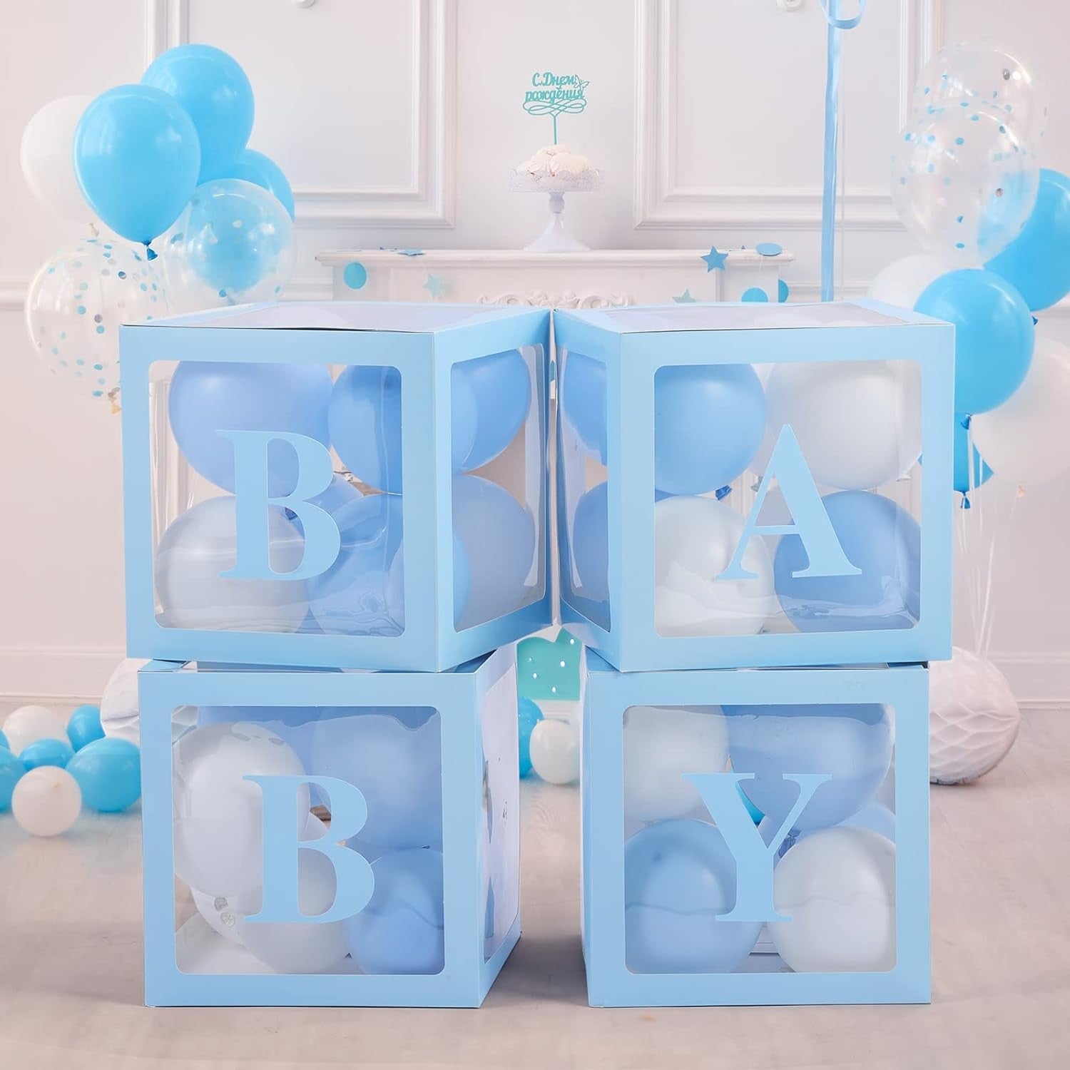 Set 4 Cutii pentru Baloane, Flippy, Model Scris Baby, Tematica Iubire, Cuburi Decorative din Plastic, Accesorii pentru