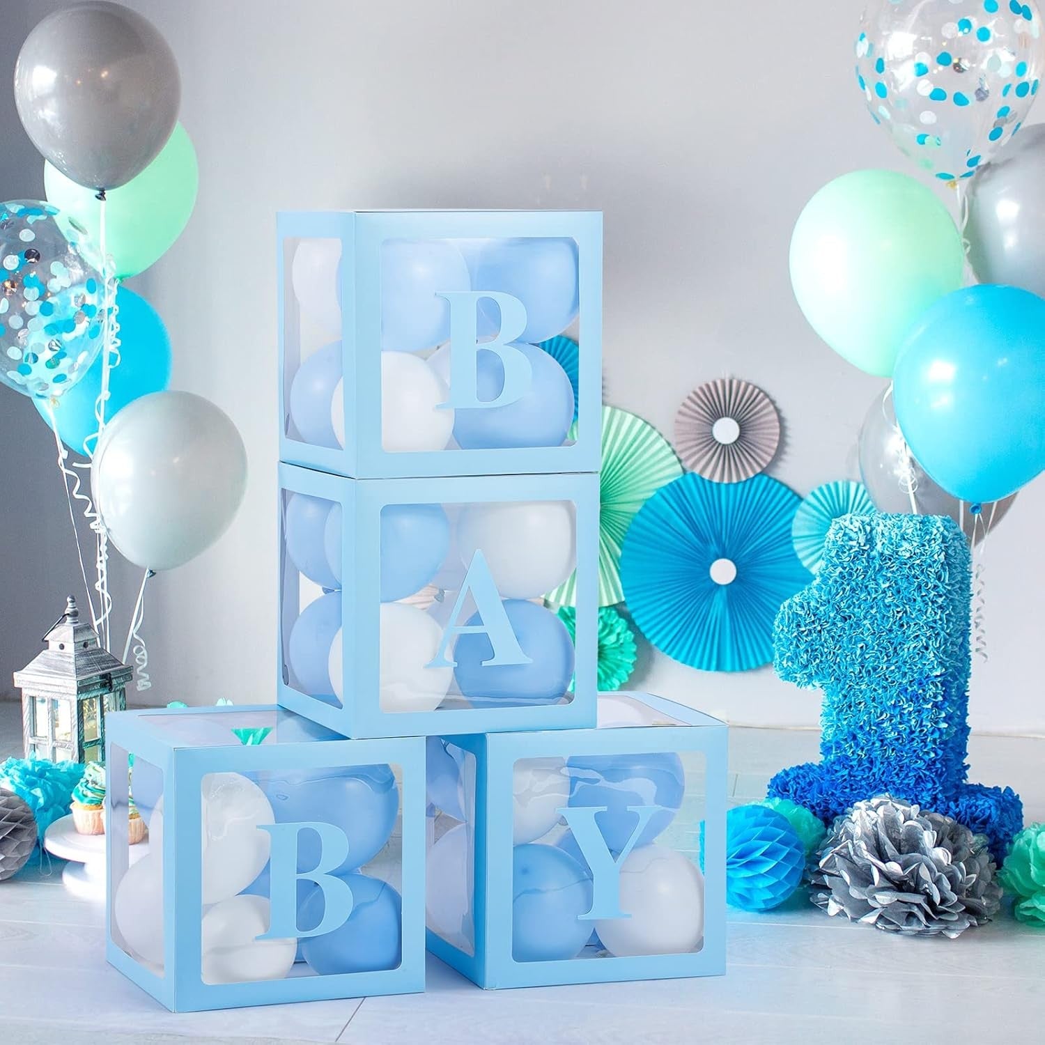 Set 4 Cutii pentru Baloane, Flippy, Model Scris Baby, Tematica Iubire, Cuburi Decorative din Plastic, Accesorii pentru