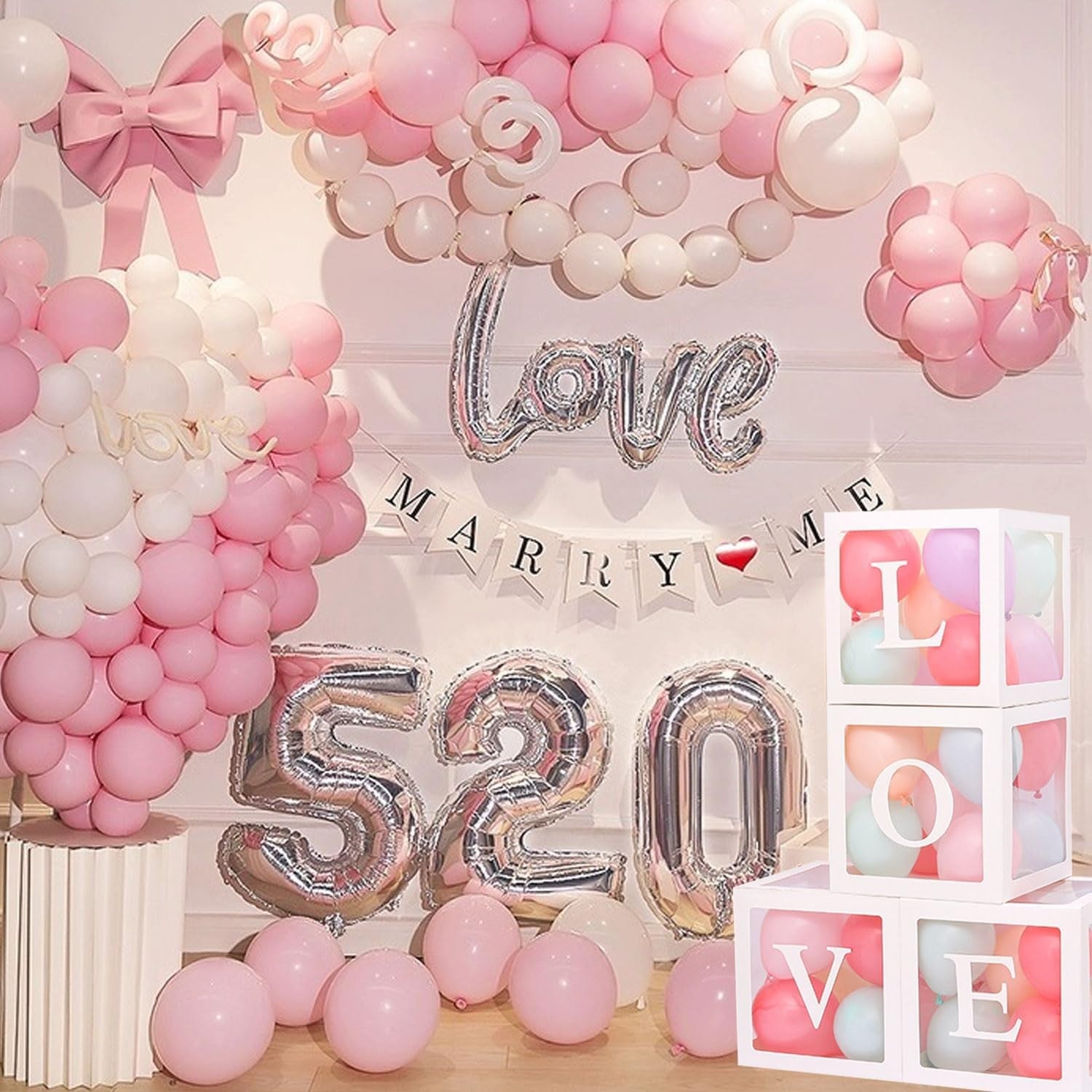 Set 4 Cutii pentru Baloane, Flippy, Model Scris Love, Tematica Iubire, Cuburi Decorative din Plastic, Accesorii pentru