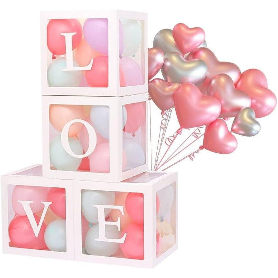 Set 4 Cutii pentru Baloane, Flippy, Model Scris Love, Tematica Iubire, Cuburi Decorative din Plastic, Accesorii pentru