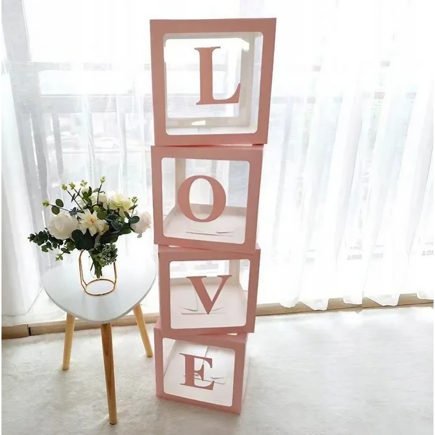 Set 4 Cutii pentru Baloane, Flippy, Model Scris Love, Tematica Iubire, Cuburi Decorative din Plastic, Accesorii pentru