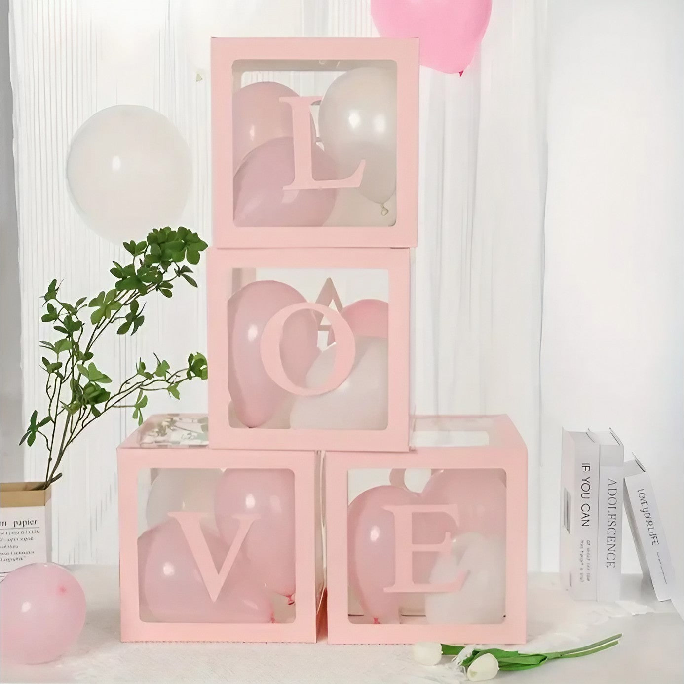 Set 4 Cutii pentru Baloane, Flippy, Model Scris Love, Tematica Iubire, Cuburi Decorative din Plastic, Accesorii pentru