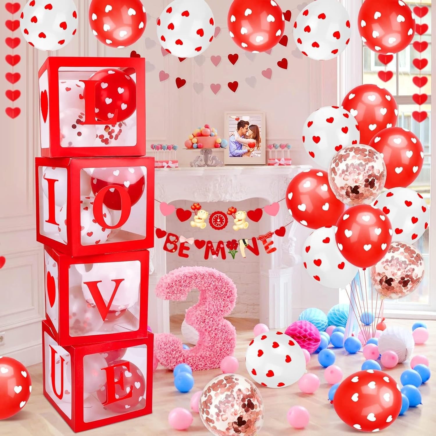 Set 4 Cutii pentru Baloane, Flippy, Model Scris Love, Tematica Iubire, Cuburi Decorative din Plastic, Accesorii pentru
