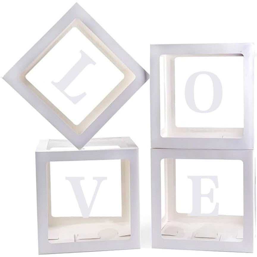 Set 4 Cutii pentru Baloane, Flippy, Model Scris Love, Tematica Iubire, Cuburi Decorative din Plastic, Accesorii pentru