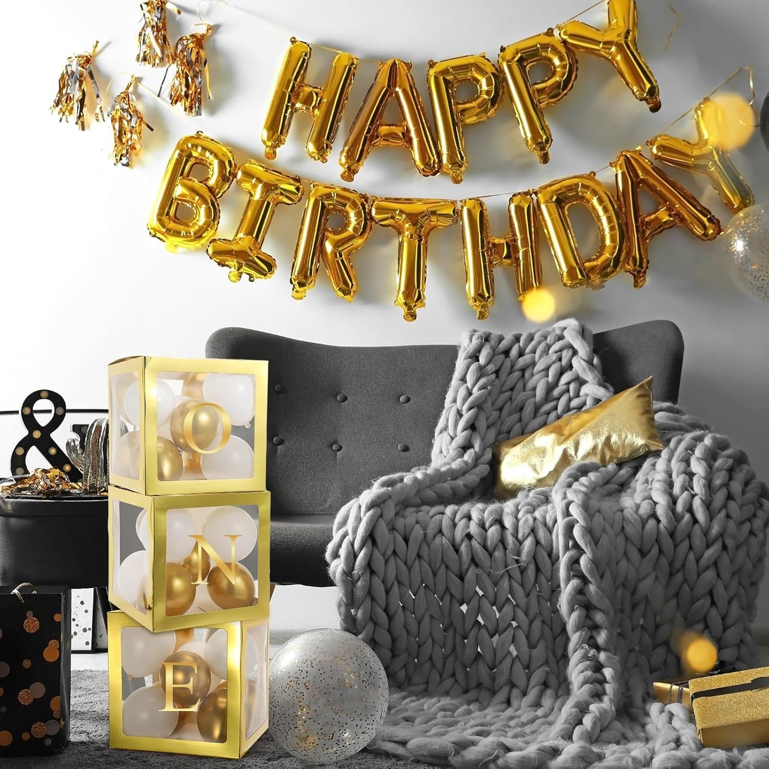 Set 4 Cutii pentru Baloane, Flippy, Model Simplu, Tematica Aniversare, Cuburi Decorative din Plastic, Accesorii pentru
