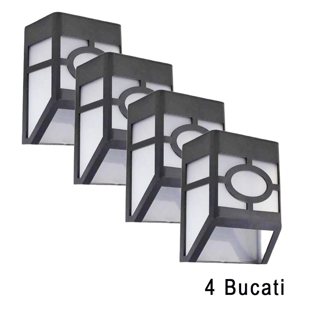 Set 4 Lampi Solare Led pentru Gradina, Flippy, Model Geometric, 11.8 x 8.6 x 5 cm, Buton On-Off, Alb Rece, Negru/Alb