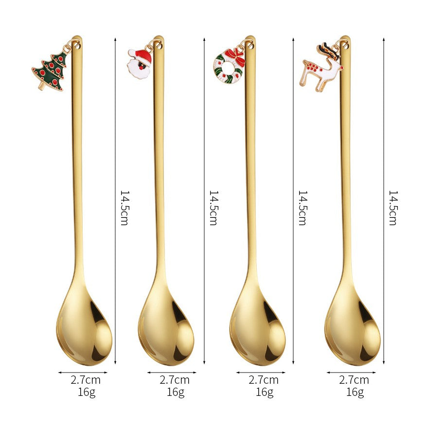 Set 4 Lingurite, Flippy, Tema Craciun, Model Carry The Merry, 4 Modele Tip Pandantiv, din Otel Inoxidabil, 19 x 16 x 2