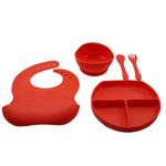 Set 5 piese diversificare bebelusi si copii din silicon Flippy, baveta, farfurie compartimentata cu ventuza, bol cu